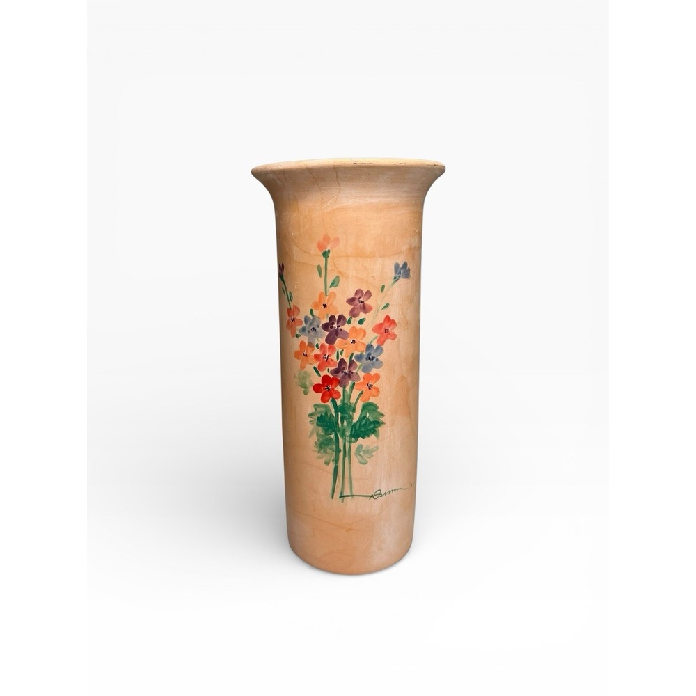Rosenthal Netter Vintage Terracotta Flared Vase Hand Painted Flowers Green